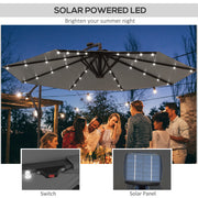 9.5' Offset Patio Umbrella Garden Parasol with Solar LED Lights and Weights, Dark Grey