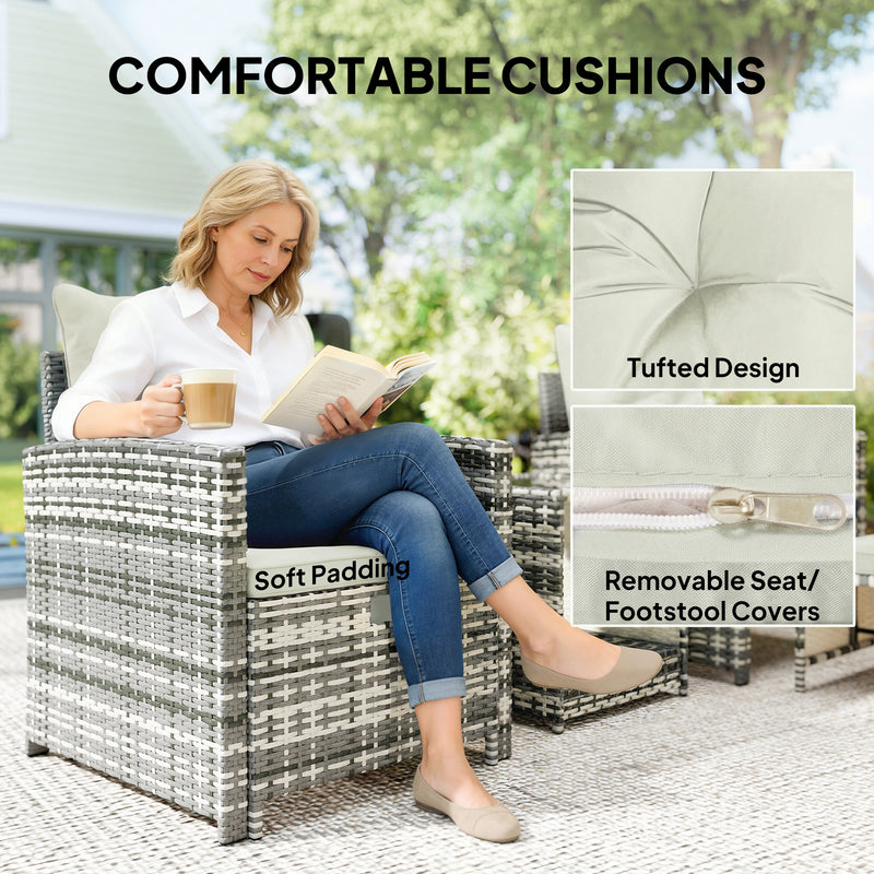 Outsunny - 5 Piece Patio Furniture Set, Wicker Patio Chairs with Ottomans, 2-Tier Glass Coffee Table and Cushions, Grey/Cream White