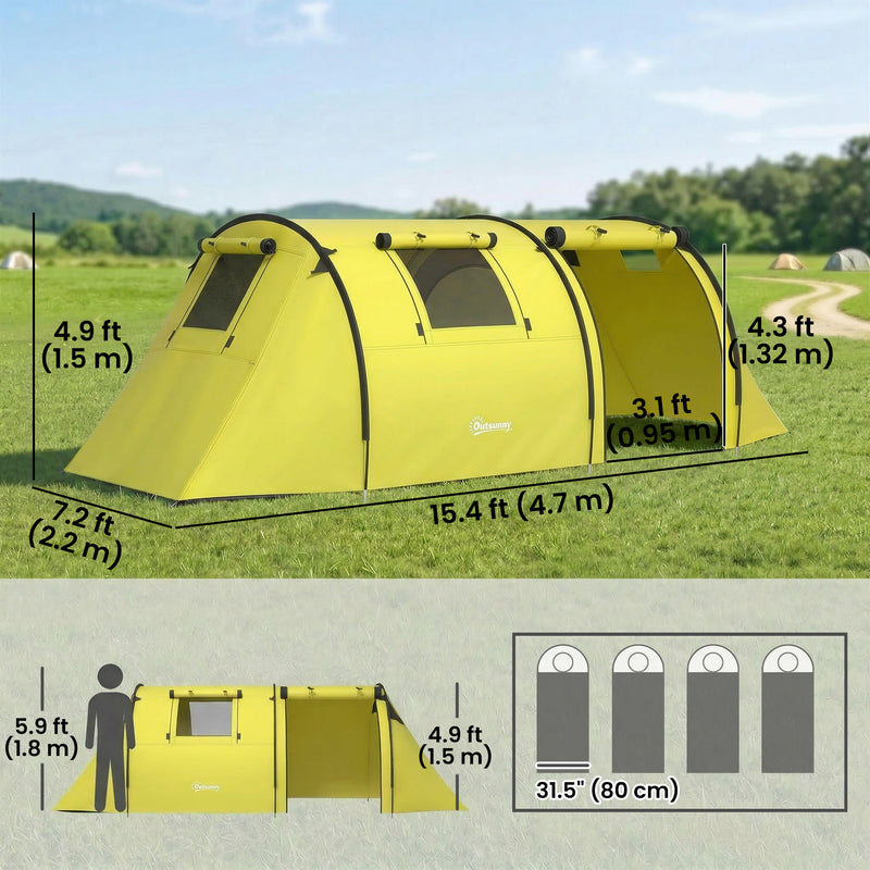 Outsunny - 3-4 Person Camping Tent with 2 Rooms, 3000mm Waterproof Portable Family Tent with Carry Bag, Yellow