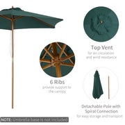 8FT Wood Market Umbrella Patio Umbrella Round Garden Parasol Canopy with Bamboo Ribs and Top Vent, Dark Green