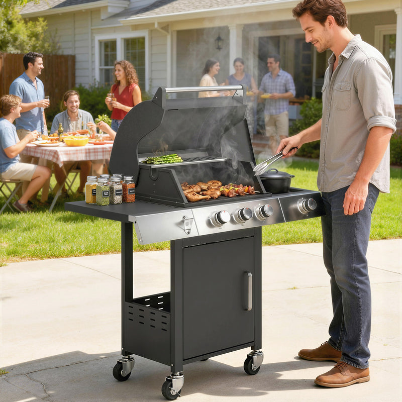 Outsunny - 3 Burner Propane Gas Grill with Side Burner, 36,000 BTU BBQ Grill with Cast Iron Grates, Wheels, Warming Rack, Cabinet