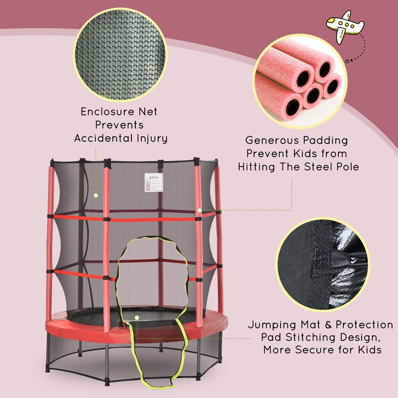 Aosom 55" Kids Trampoline with Enclosure Net for Indoor/Outdoor, Trampoline for Boys and Girls Age 3-6 Years, Red