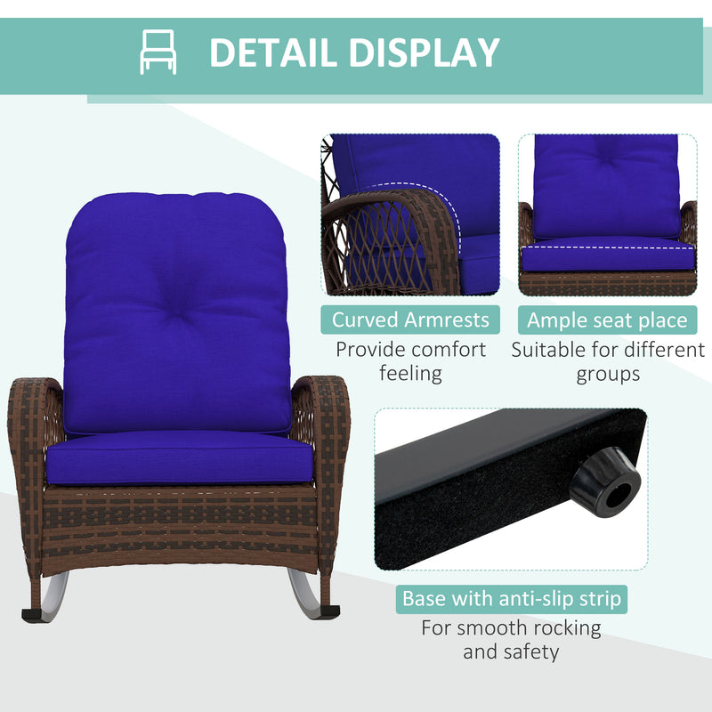 Outsunny - Outdoor Wicker Rattan Rocking Chair Patio Rocker with Thick Cushions for Garden Backyard Porch, Dark Blue