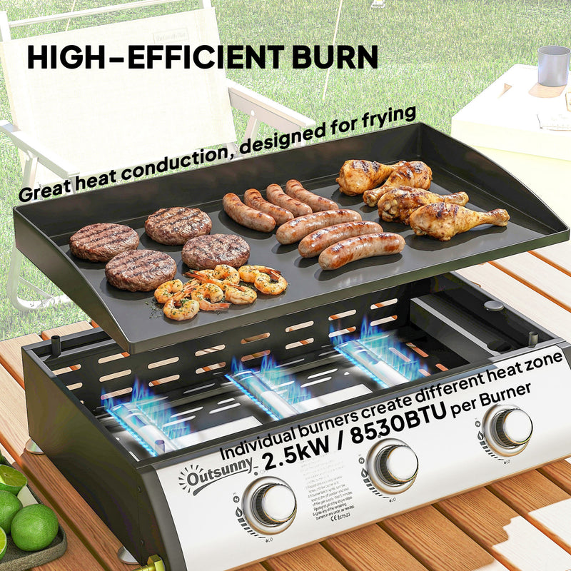 Outsunny - Propane Gas Grill with 3 Main Burners, 8530 BTU Outdoor BBQ Grill Cart with Non-Stick Griddle and Lid, Black