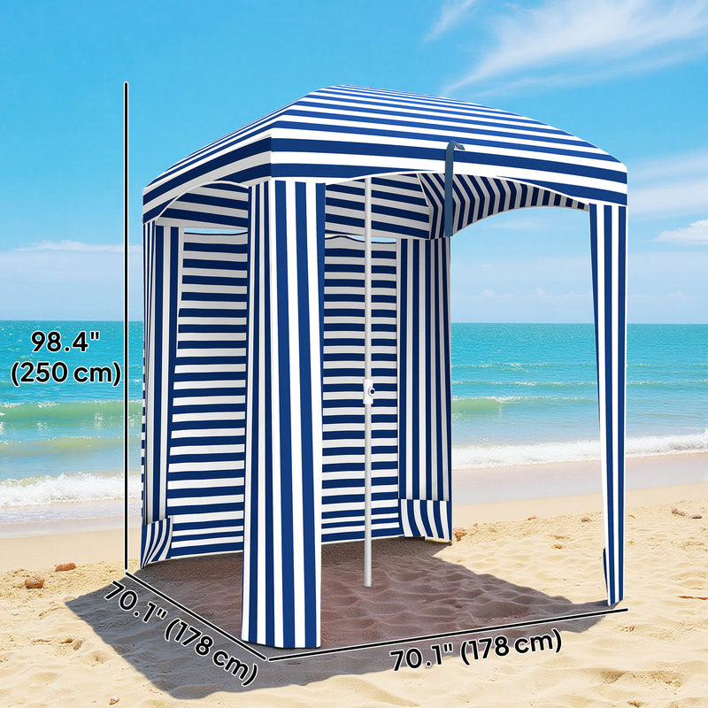 Outsunny - 70.1" L x 70.1" W Cabana Umbrella with Walls, Vents, Ruffles, Carry Bag, Beach Umbrella, Blue White Stripe — 84D-307V00BU