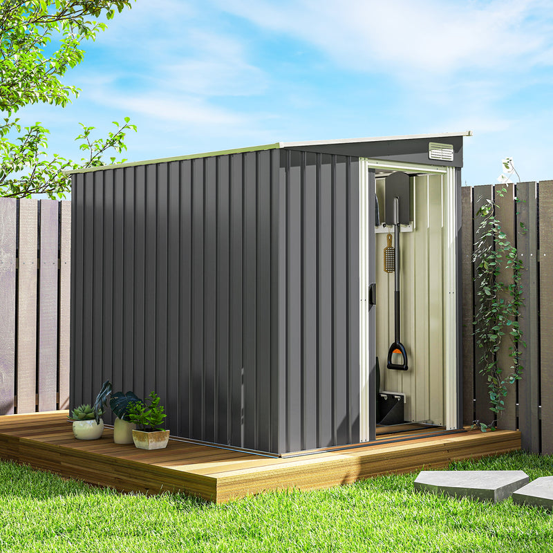5'x7' Lean to Galvanized Metal Shed with Foundation, Garden Tool Storage House with Sliding Door and 2 Vents, Dark Grey