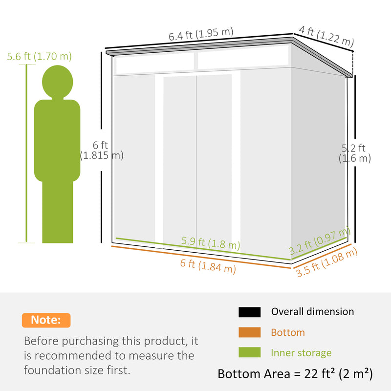 6.5x4FT Galvanised Metal Shed with Foundation Kit, Lockable Garden Tool Storage House with Sliding Doors, Vents, Grey