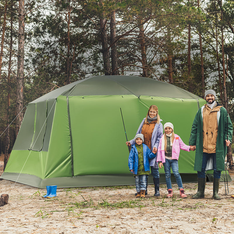 Outsunny - Tunnel Tent Camping Shelter w/ Porch, Two Rooms, Lamp Hook, Portable Carry Bag, Green