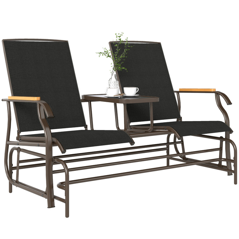 Outsunny - Outdoor 2-Person Glider Bench, Outside Swing Glider Chair Loveseat with Breathable Mesh, Table, Steel Frame