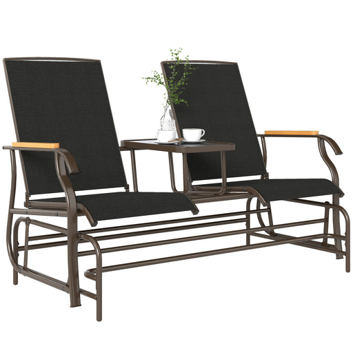 Outsunny - Outdoor 2-Person Glider Bench, Outside Swing Glider Chair Loveseat with Breathable Mesh, Table, Steel Frame