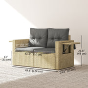 Outsunny - Wicker Outdoor Sofa with Side Trays, Rattan Patio Loveseat with Cushions for Garden Balcony, Light Grey