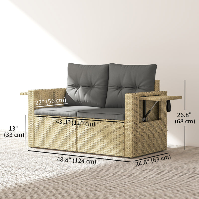 Outsunny - Wicker Outdoor Sofa with Side Trays, Rattan Patio Loveseat with Cushions for Garden Balcony, Light Grey