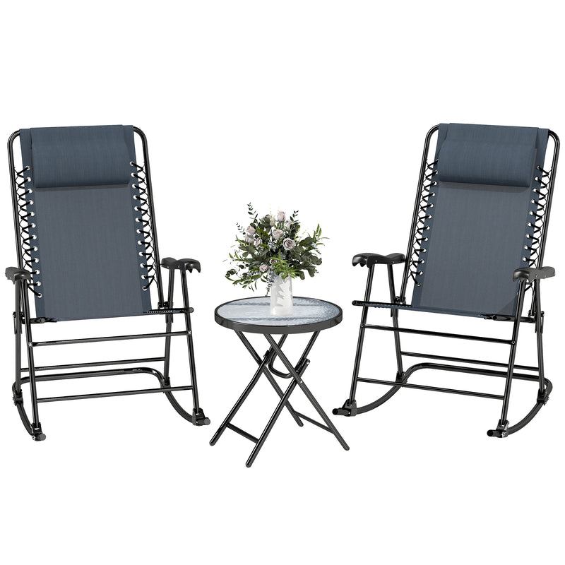 Outsunny - 3pc Patio Rocking Chair Set, Folding Outdoor Rocking Chairs and Table Bistro Set w/ Breathable Mesh Seat & Backrest, Headrest for Park, Backyard, Garden, Grey