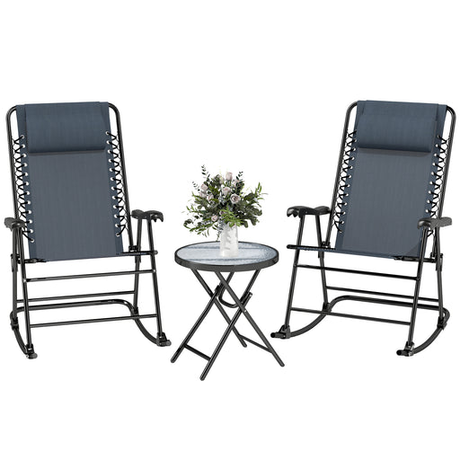 Outsunny - 3pc Patio Rocking Chair Set, Folding Outdoor Rocking Chairs and Table Bistro Set w/ Breathable Mesh Seat & Backrest, Headrest for Park, Backyard, Garden, Grey