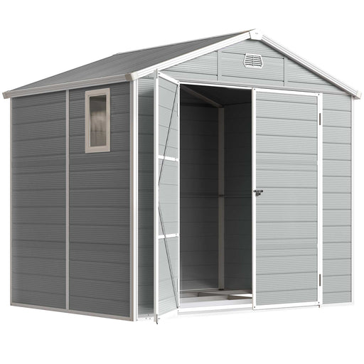 8' x 6' Plastic Garden Storage Shed with Latch Door, Vents, Sloped Roof, Light Grey