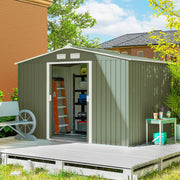 9.1'x6.4'x6.3' Garden Storage Shed w/ Foundation Kit Metal Tool Storage House w/ Double Doors Light Green