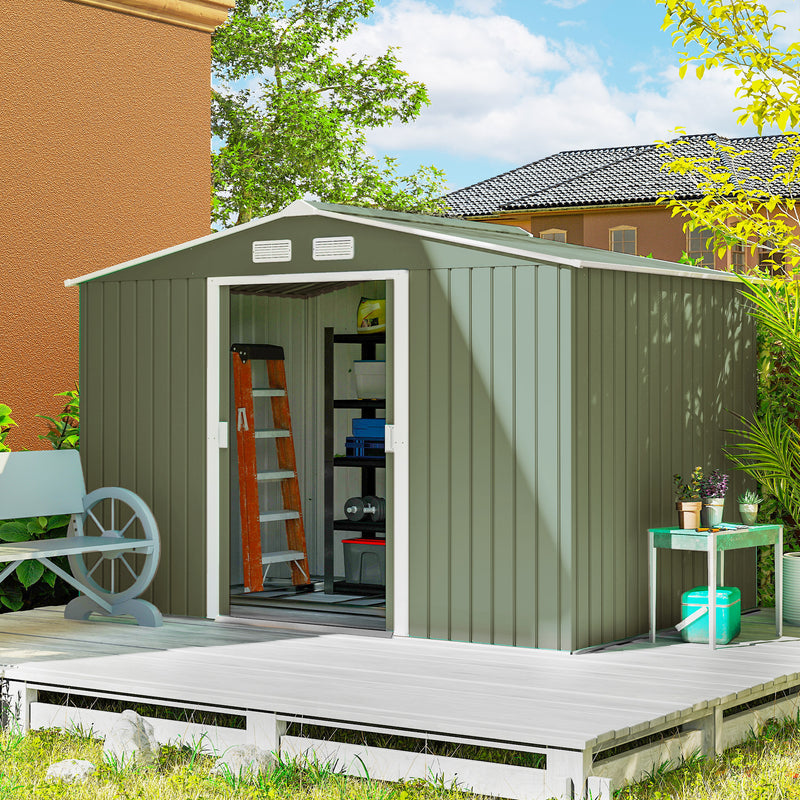 9.1'x6.4'x6.3' Garden Storage Shed w/ Foundation Kit Metal Tool Storage House w/ Double Doors Light Green