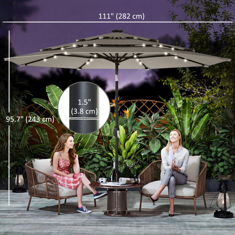Outsunny - 9.3 ft Patio Umbrella with Solar LED Lights, Cover, 3 Tier Outdoor Market Table Parasol with Tilt, Crank, Grey — 84D-500V00GY