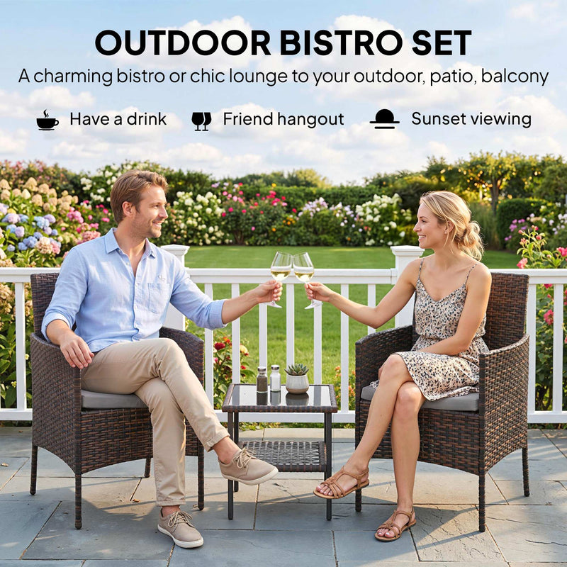 Outsunny - Wicker Bistro Set, 3 Piece Patio Furniture Set with 2-Tier Glass Top Table, Cushions for Balcony, Porch, Dark Grey
