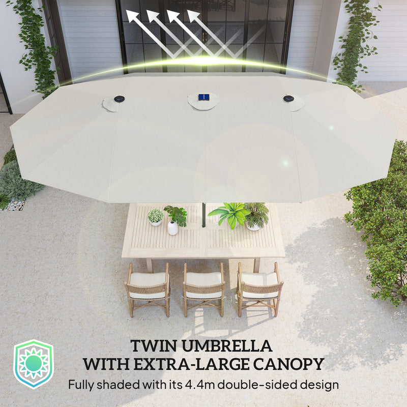 Outsunny - 173" Double-Sided Sun Umbrella Garden Parasol Patio Sun Shade Outdoor with LED Solar Light, Cream White — 84D-106CW