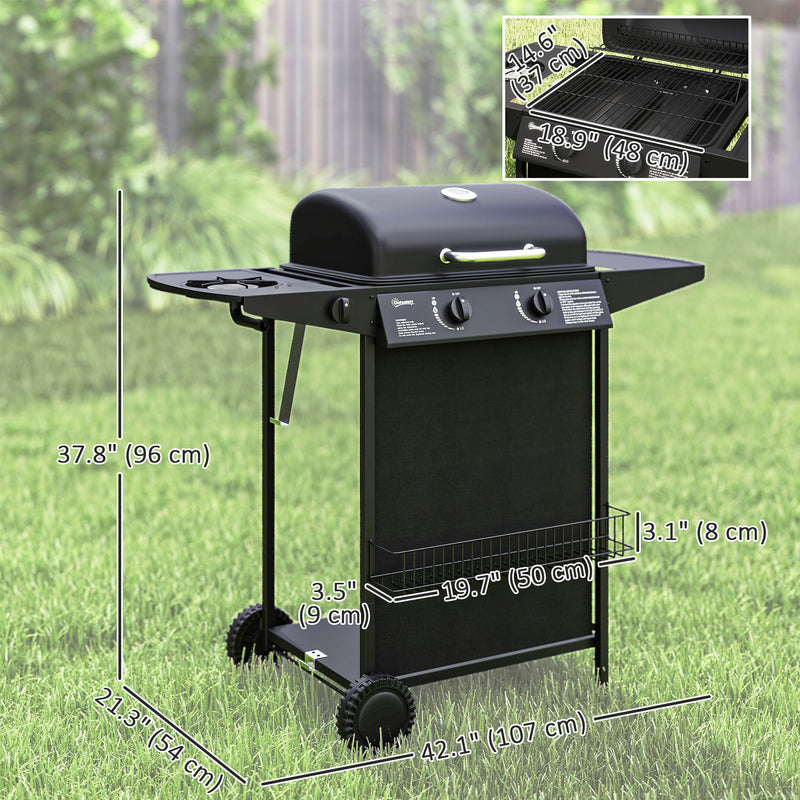 Outsunny - 2+1 Burner Propane Gas BBQ Grill, Portable Gas Barbecue Grill with Side Burner, Thermometer, Lid, Side Table, Shelf, Spice Rack, Wheels, Grease Cup for Garden, Black