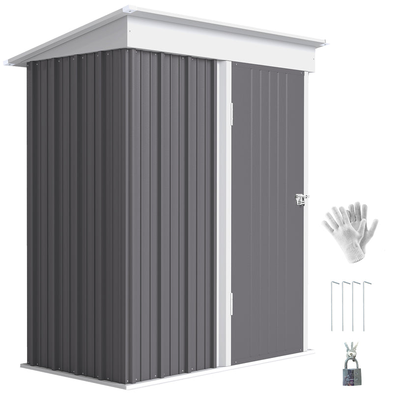 Outdoor Storage Shed, Steel Lean-to Shed with Adjustable Shelf, Lock, Gloves, 5'x3'x6', Grey