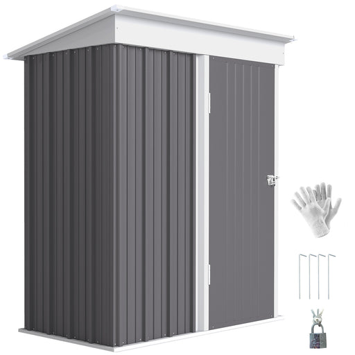 Outdoor Storage Shed, Steel Lean-to Shed with Adjustable Shelf, Lock, Gloves, 5'x3'x6', Grey