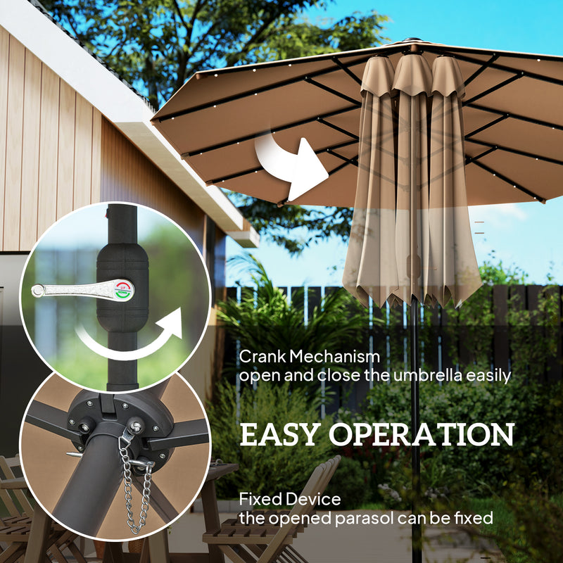 Outsunny - 174" Double-Sided Sun Umbrella Garden Parasol Patio Sun Shade Outdoor with LED Solar Light, Khaki — 84D-106CF