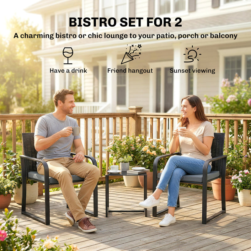 Outsunny - Outdoor Bistro Set, 3 Piece Wicker Patio Furniture with Mesh Seat, Glass Table, Cushions for Porch, Balcony, Grey