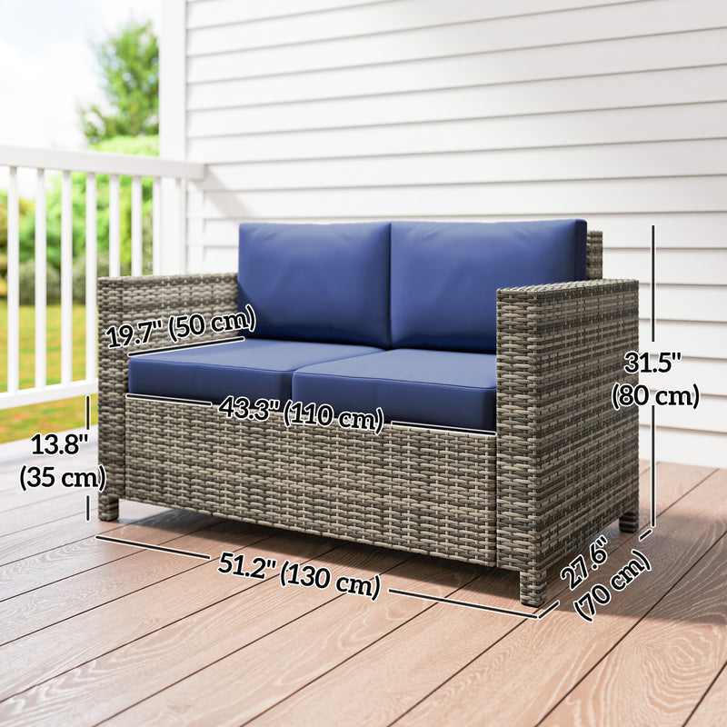 Outsunny - Wicker Outdoor Sofa, All Weather Patio Couch Loveseat with Cushions for Balcony, Deck, Garden, Poolside, Dark Blue