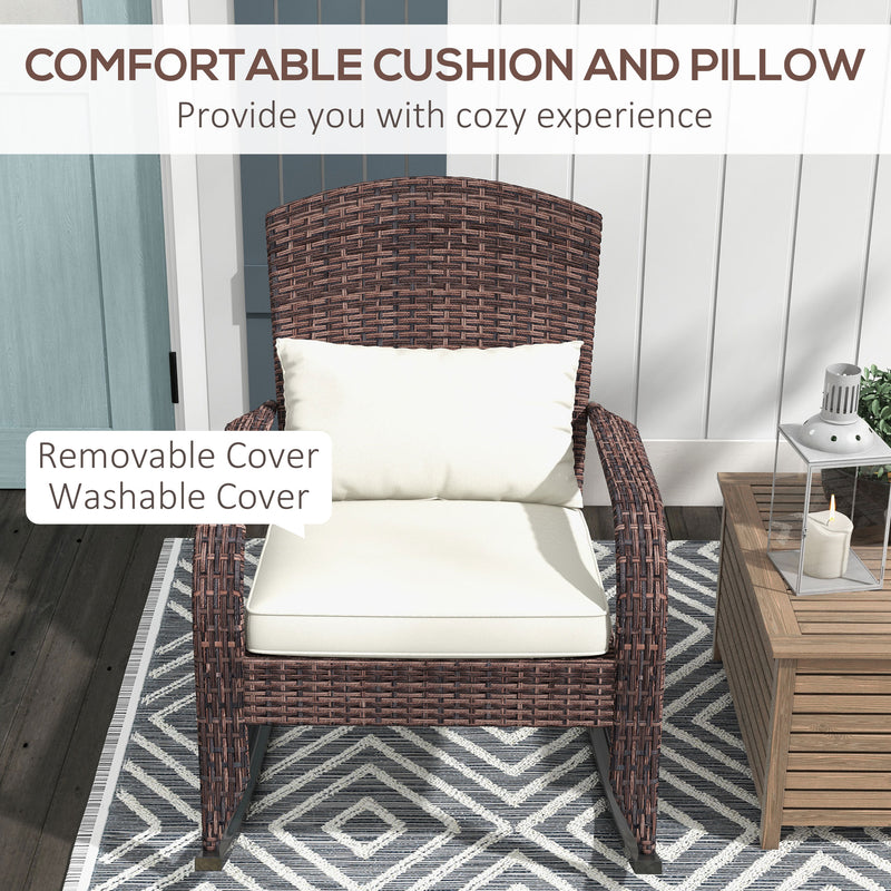 Outsunny - Adirondack Chair, Outdoor Wicker Rocking Chair with High Back, Seat Cushion and Pillow for Porch, Balcony, Cream/Brown