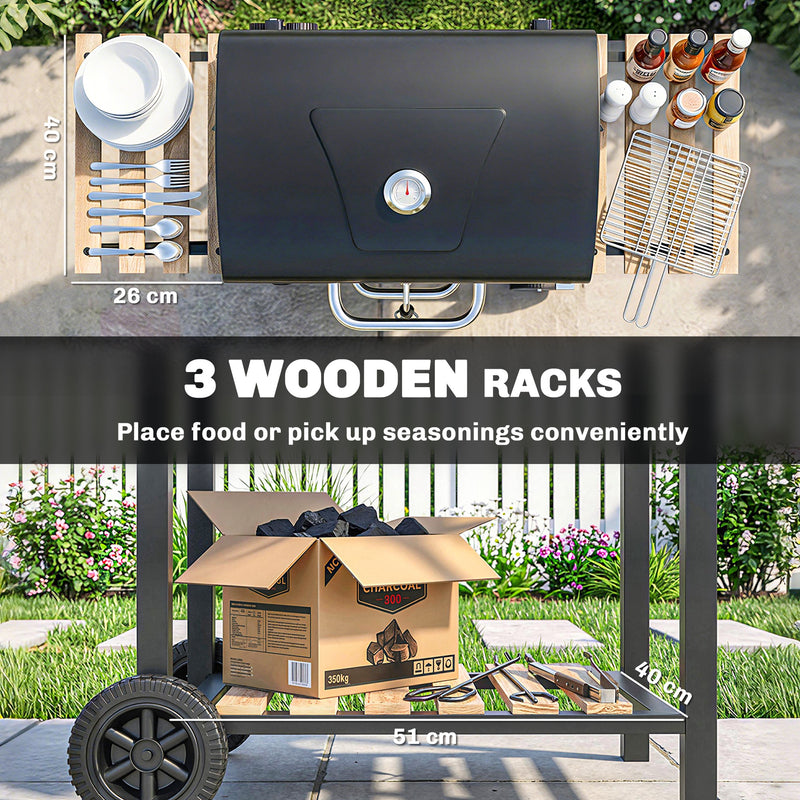 Outsunny - 20" Charcoal BBQ Grill Barbecue on Wheels with Adjustable Charcoal Pan, Spacious Cooking Area, 3 Shelves, Thermometer