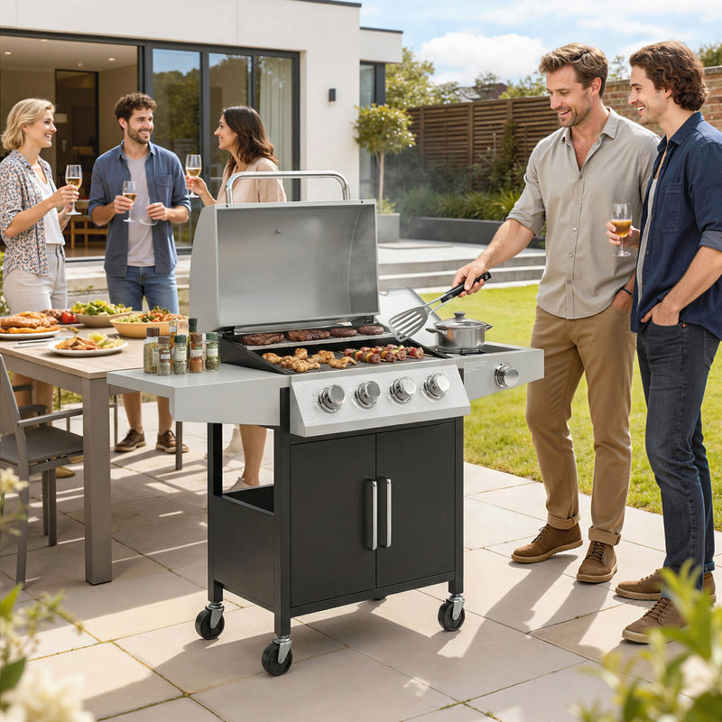 Outsunny - 4+1 Burner Liquid Propane Gas Grill, Outdoor Portable BBQ Grill with Side Burner, Warming Rack, Side Shelf