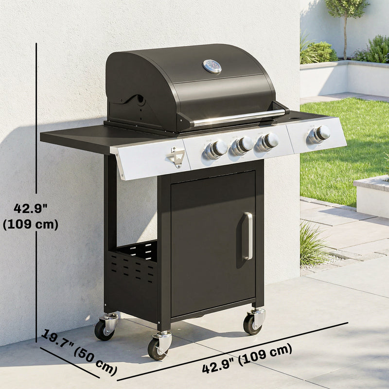 Outsunny - 3 Burner Propane Gas Grill with Side Burner, 36,000 BTU BBQ Grill with Cast Iron Grates, Wheels, Warming Rack, Cabinet