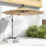 9.7ft Solar LED Cantilever Patio Umbrella with 32 LED Lights, Cross Base, Crank Handle, for Poolside, Deck, Khaki