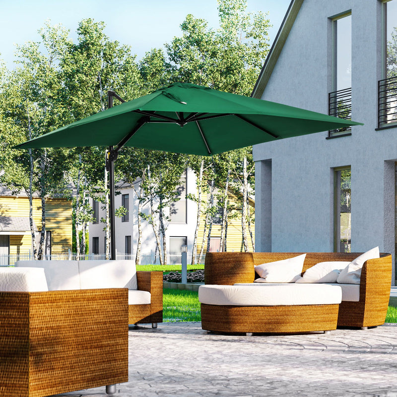 Outsunny - 8' x 8' Square Cantilever Umbrella with 360° Rotation, Aluminum Outdoor Cantilever Market Parasol with Crank & Tilt, Garden Sun Canopy Shelter with Cross Base, Green — 84D-051V00GN
