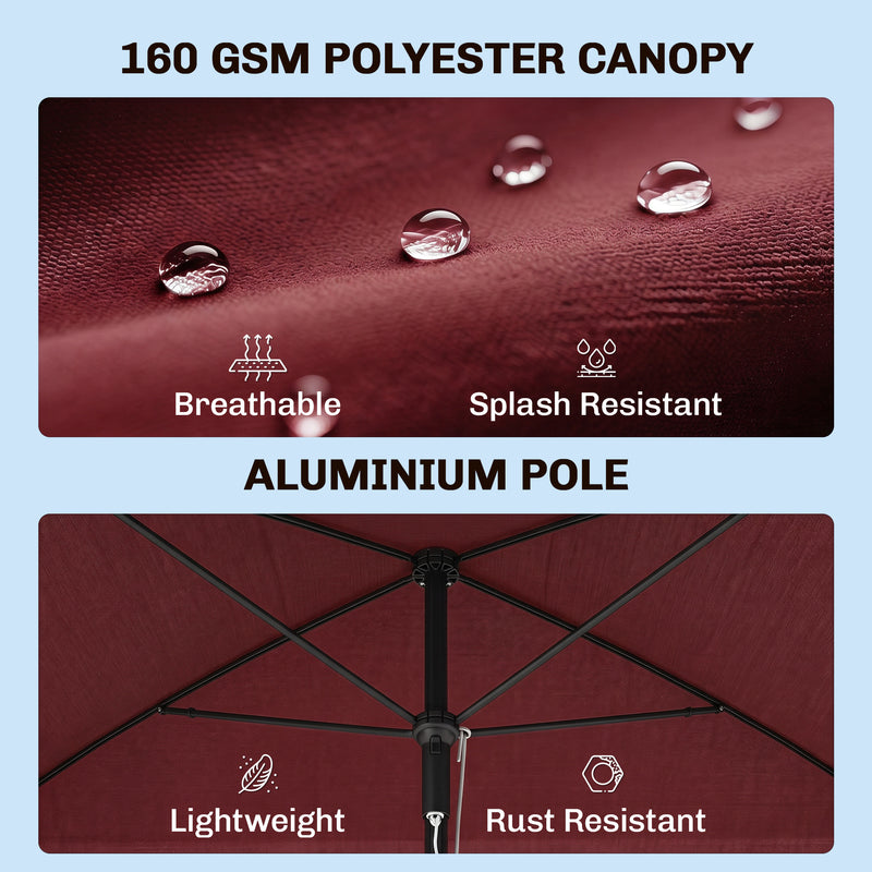 6.5x4ft Rectangle Patio Umbrella Aluminum Tilt Adjustable Garden Parasol Sun Shade Outdoor Canopy Wine Red
