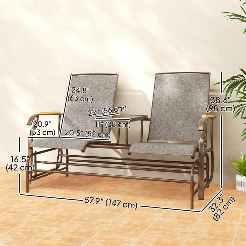 Outsunny - Outdoor 2-Person Glider Bench, Outside Swing Glider Chair Loveseat with Breathable Mesh, Table, Steel Frame