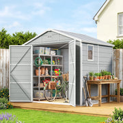8' x 6' Plastic Garden Storage Shed with Latch Door, Vents, Sloped Roof, Light Grey