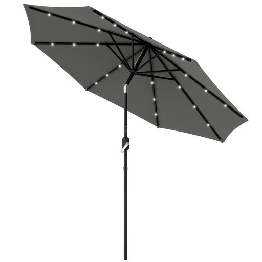 Outsunny - 8.8 ft Solar Powered Outdoor Patio Umbrella Round Market Table Umbrella with Adjustable LED Lights Tilt Crank Dark Grey