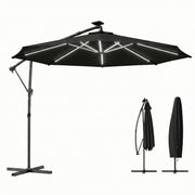 Outsunny - 10 ft Offset Patio Umbrella with Solar Light, Garden Hanging Parasol with 360° Rotation, Tilt, Cover, Black