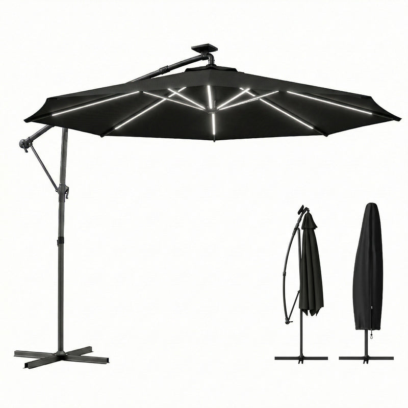 Outsunny - 10 ft Offset Patio Umbrella with Solar Light, Garden Hanging Parasol with 360° Rotation, Tilt, Cover, Black