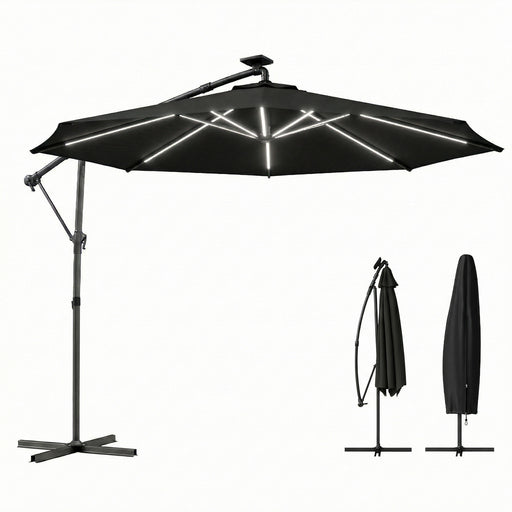 Outsunny - 10 ft Offset Patio Umbrella with Solar Light, Garden Hanging Parasol with 360° Rotation, Tilt, Cover, Black
