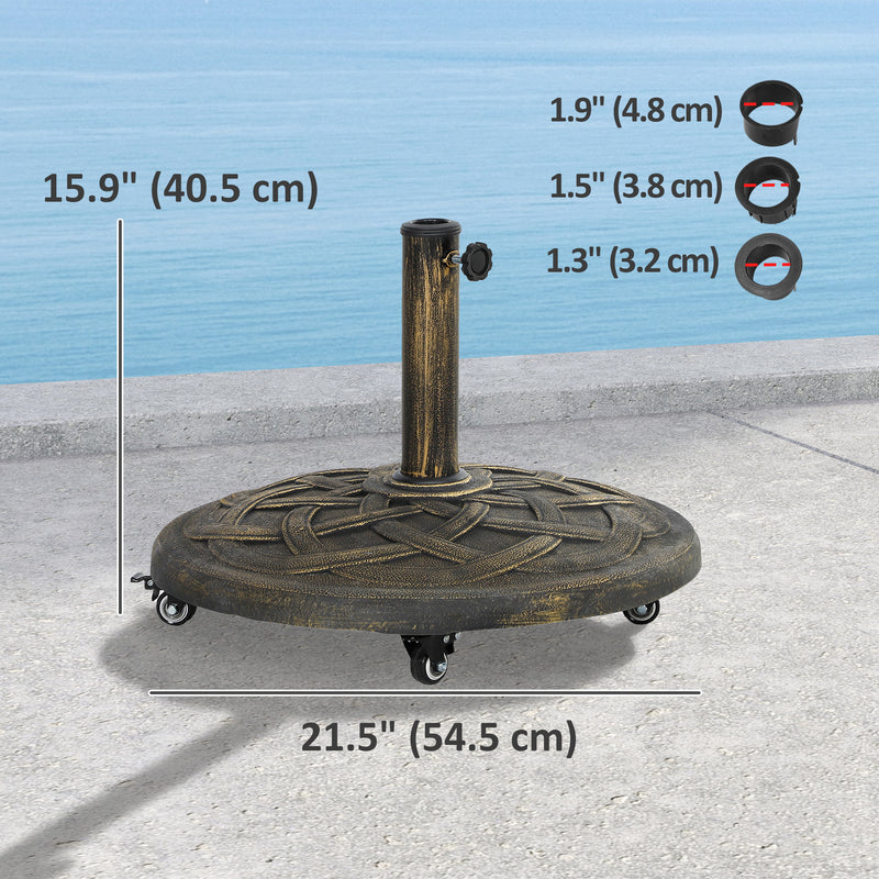 Round Patio Umbrella Base with Wheels, 44 lbs Resin Umbrella Stand Base, 1.3"/1.5"/1.9" Umbrella Poles Bronze