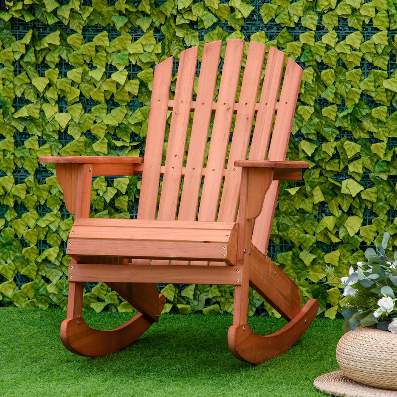 Outsunny - Wooden Adirondack Rocking Muskoka Chair with Slatted Wooden Design, Fanned Back and Classic Rustic Style, Teak