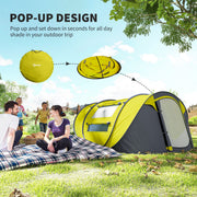 Outsunny - 4 Person Camping Tent, Easy Pop Up Tent with Doors, Windows and Carry Bag, Automatic Setup Tent for Hiking, Yellow