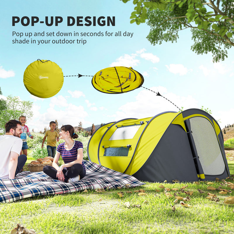 Outsunny - 4 Person Camping Tent, Easy Pop Up Tent with Doors, Windows and Carry Bag, Automatic Setup Tent for Hiking, Yellow