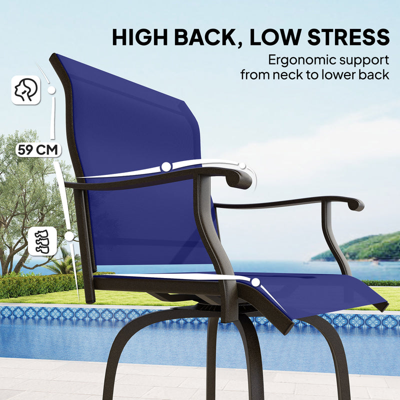 Outsunny - Outdoor Bar Stools Set of 2, Swivel Bar Height Chairs with High Back, Curved Armrests and Steel Frame, Navy Blue