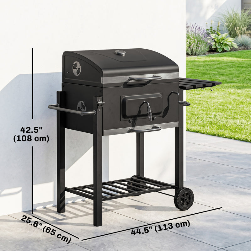 Outsunny - BBQ Trolley Charcoal Grill Portable Stainless Steel Barbecue Tool Kits w/ Wheels Side Shelf for Camping Hiking Picnic