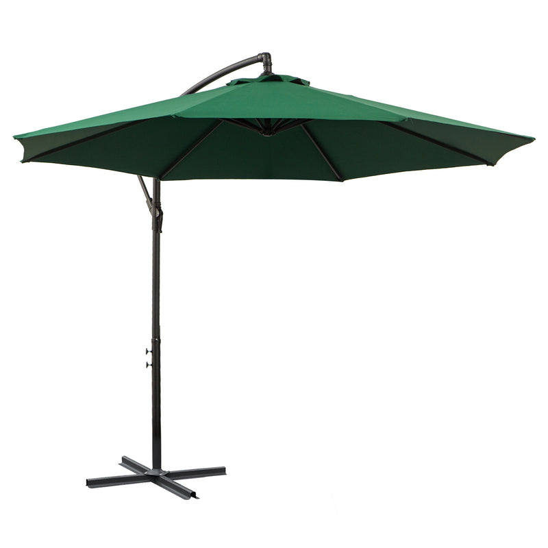 Outsunny - 9.7ft Offset Patio UmbrellaCantilever Parasol with Crank Handle, 8 Ribs and Cross Base for Outdoor, Sun Shade, Green